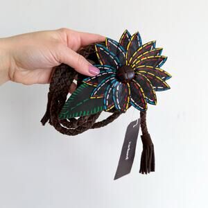 Cacharel Braided Leather Floral Embellishment Statement Belt Brown